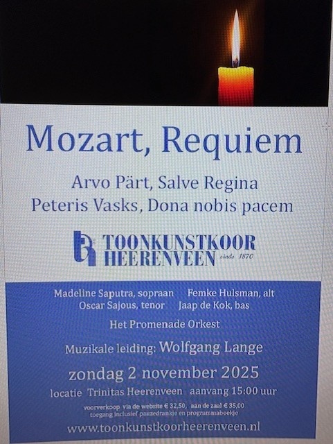 Toonkunstkoor Heerenveen zingt het Requiem van Mozart, Donna Nobis Pacem, van Peteris Vasks en Salve Regina van Arvo Pärt