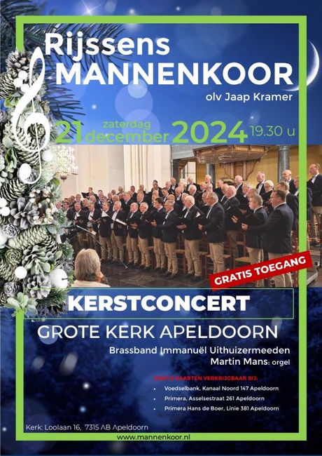 Kerstconcert Rijssens Mannenkoor mmv brassband Immanuel Uithuizemeeden en op orgel Martin Mans