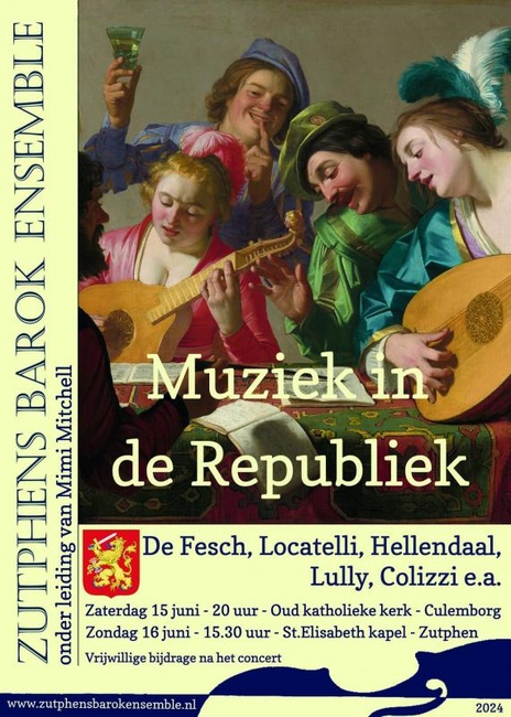 Muziek in de Republiek, concert van het Zutphens Barok Ensemble onder leiding van Mimi Mitchell. Tijd: 15.30 tot 16.45 uur