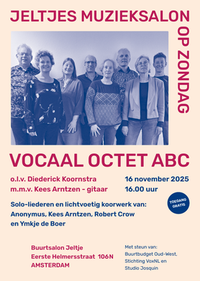 Vocaal Octet ABC zingt in Jeltjes Muzieksalon op zondag